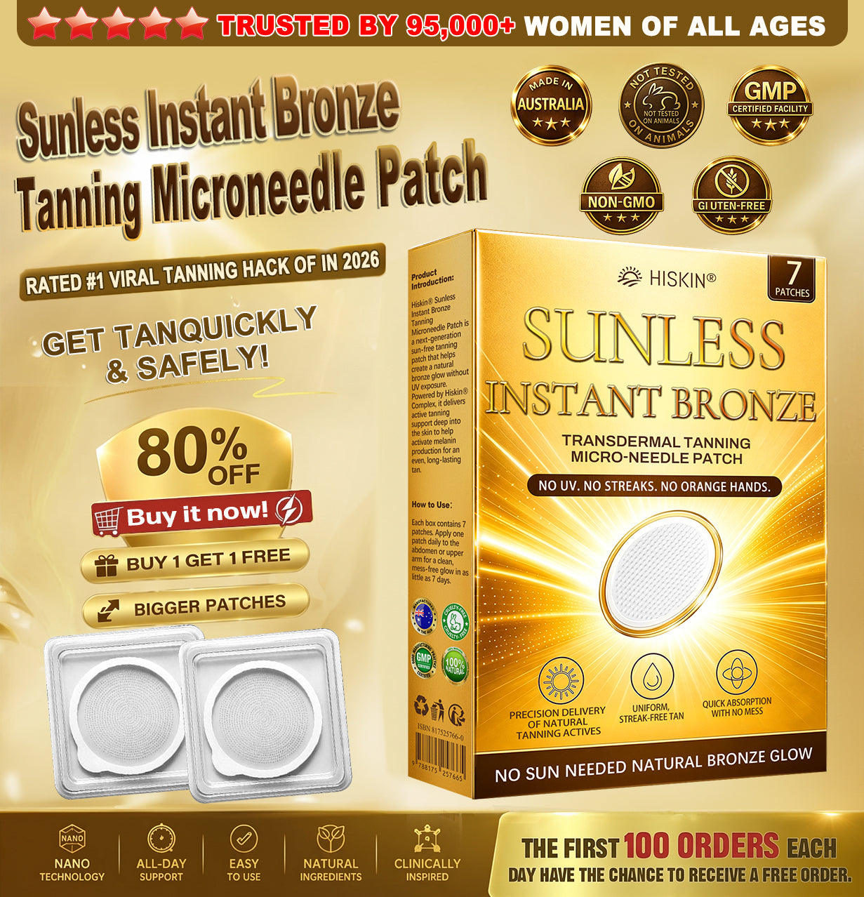 50% OFF | 𝑶𝒇𝒇𝒊𝒄𝒊𝒂𝒍 𝑺𝒕𝒐𝒓𝒆 ☀️☀️ 𝐇𝐢𝐬𝐤𝐢𝐧® 𝐒𝐮𝐧𝐥𝐞𝐬𝐬 𝐈𝐧𝐬𝐭𝐚𝐧𝐭 𝐁𝐫𝐨𝐧𝐳𝐞 𝐓𝐚𝐧𝐧𝐢𝐧𝐠 𝐌𝐢𝐜𝐫𝐨𝐧𝐞𝐞𝐝𝐥𝐞 𝐏𝐚𝐭𝐜𝐡 🇦🇺 | Limited Deal, Bronze Glow in 7 Days ✅ No UV, No Streaks, No Mess